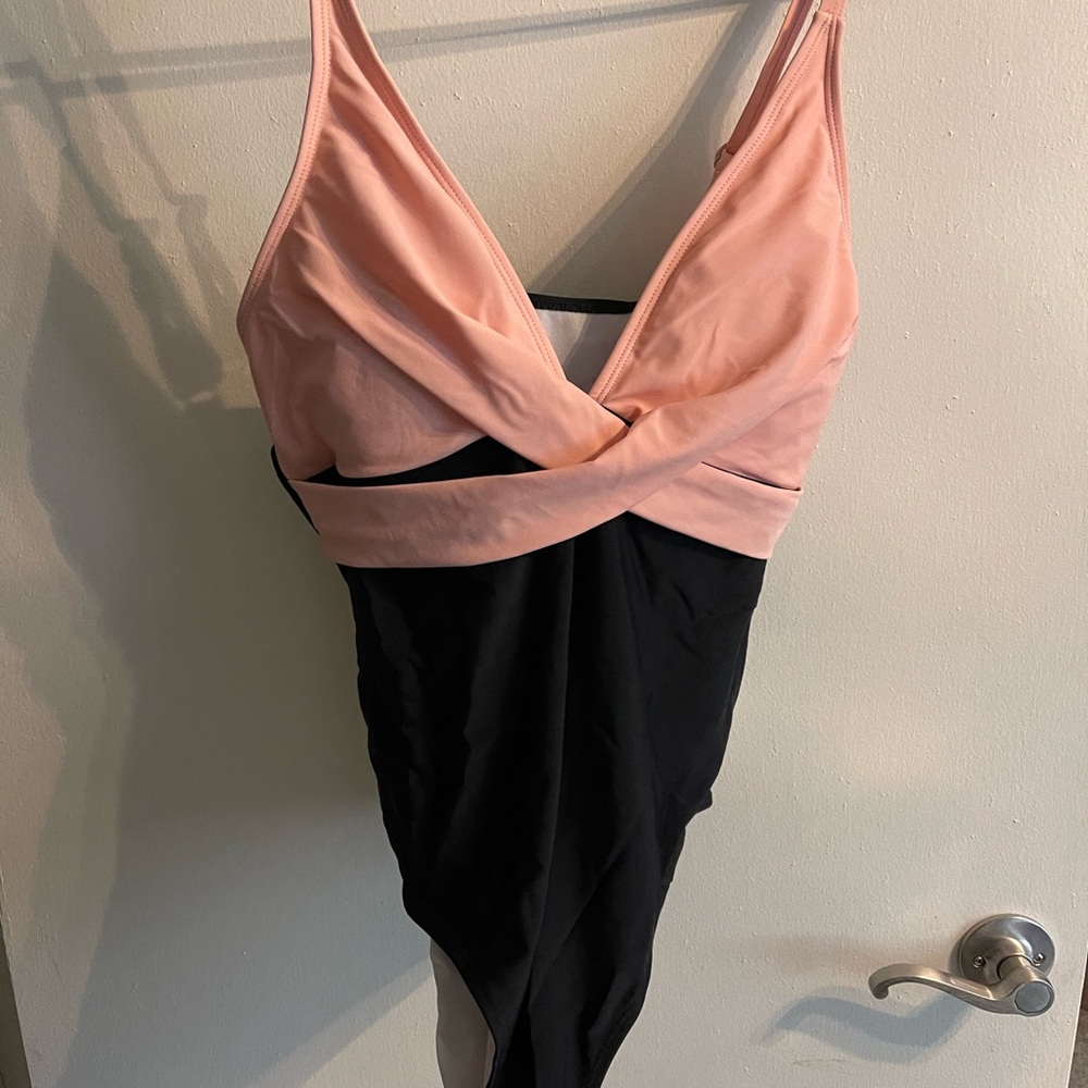 Pinkish Coral and Black Swimsuit